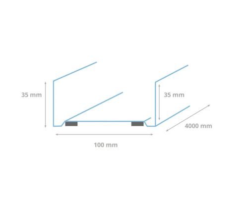 Diagram van een dakrandprofiel van 4000 mm lang, met een hoogte van 35 mm en een breedte van 100 mm