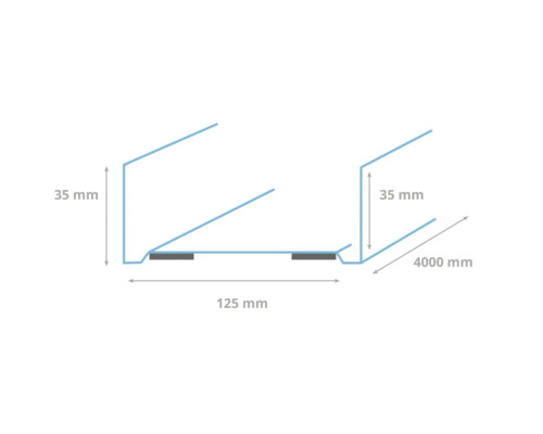 Technische tekening van een dakgootbak met afmetingen