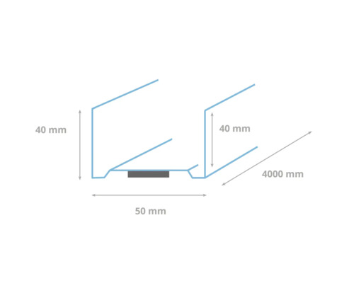 Tekening van een profiel met de afmetingen 40 mm x 50 mm x 4000 mm