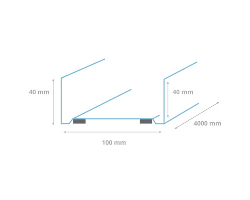 Technische tekening van een profiel met afmetingen van 40 mm hoogte, 100 mm breedte en 4000 mm lengte.