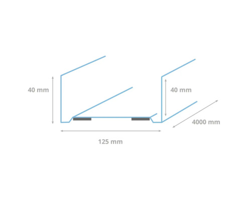 Schema van een dakgoot, 40 millimeter hoog, 125 millimeter breed en 4000 millimeter lang
