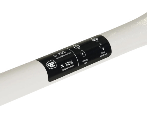 Detailopname van een etiket met informatie over de recyclebaarheid en repareerbaarheid van een EXIT Toys product.