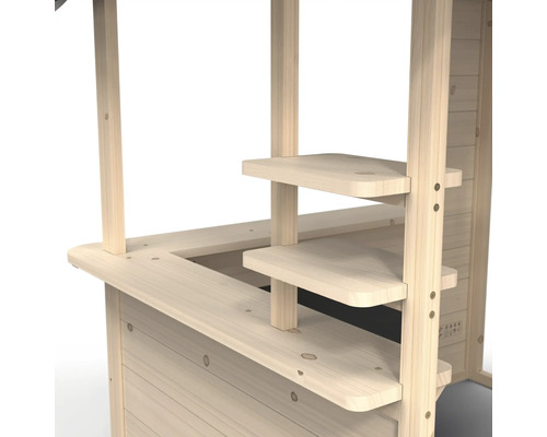 Detailopname van een speelhuis met bar en houten planken