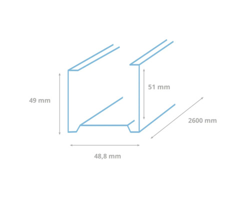 Tekening van een metalen profiel met de afmetingen 49 mm hoogte, 51 mm hoogte, 48,8 mm breedte en 2600 mm lengte.