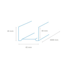 Illustratie van een metalen profiel van 4000 millimeter lang met afmetingen van 40 bij 45 millimeter