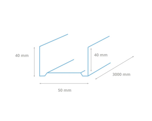 Technische tekening van een profiel met de afmetingen 40 mm, 50 mm en 3000 mm.