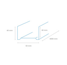 Technische tekening van een metalen profiel met de afmetingen 40 mm hoogte, 50 mm breedte en 4000 mm lengte