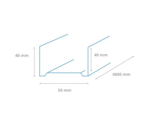 Technische tekening van een metalen profiel met de afmetingen 40 mm hoogte, 50 mm breedte en 4000 mm lengte