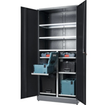 Open gereedschapskast met planken en gereedschapskisten