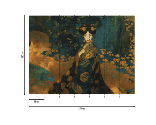 Fotobehang met afbeelding van een vrouw in traditionele Japanse stijl, afmetingen 371 x 280 cm