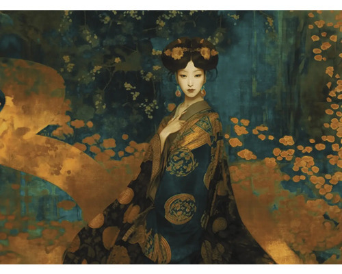 Schilderij van een vrouw in kimono met bloemendetails Schilderij van een vrouw in kimono met bloemendetails