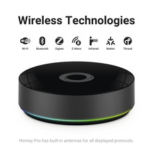 Zwarte Smart Home Hub met ondersteuning voor wifi, bluetooth, Zigbee, Z-Wave, infrarood, Matter en Thread