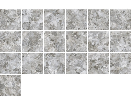 Verscheidene grijze vloertegels met marmerdesign.