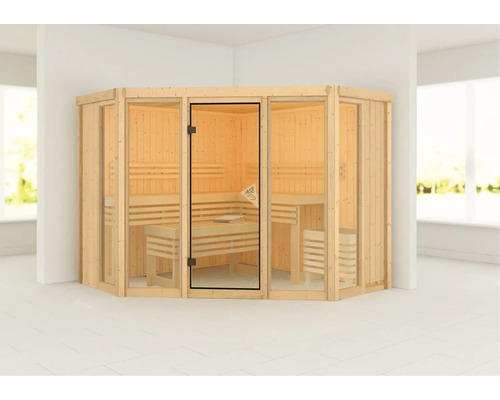 Hoeksauna met houten banken en glazen deur in een lichte ruimte