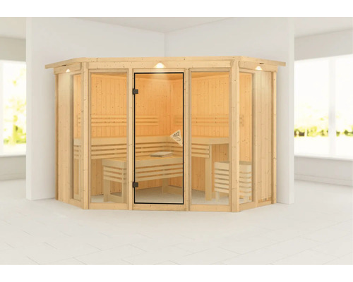 Hoeksauna met glazen deur en houten banken aan de binnenkant.
