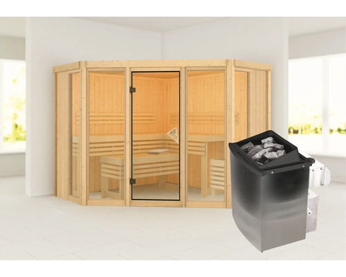 Sauna met kachel in een lichte kamer.