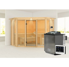 Moderne sauna met glazen voorkant en kachel met stenen