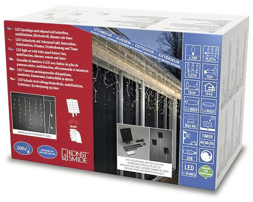 Verpakking van een ledlichtsnoer met zonnepaneel, batterijhouder, multifunctionele functie, dimmer, afstandsbediening en timer