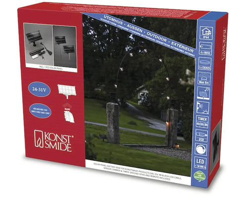 Verpakking voor Konstsmide zonnepaneel met batterij voor producten 24-31V inclusief USB-kabel, sensor, dimmer, timer, grondspie en afstandsbediening
