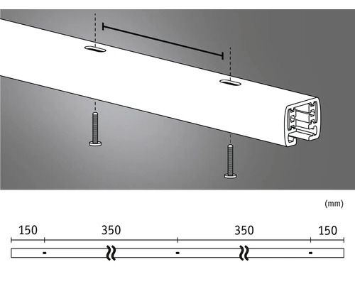 Illustratie van een gordijnrail met schroeven en maatvoering in millimeters