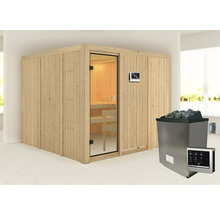 Sauna met houten panelen, glazen deur en saunakachel