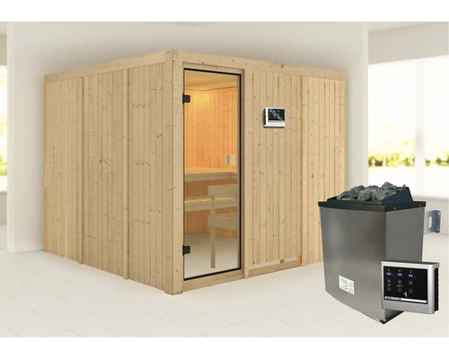Sauna met houten panelen, glazen deur en saunakachel
