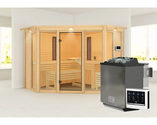 Sauna met kachel en saunastenen in een heldere ruimte