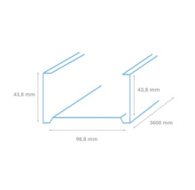 Technische tekening van een metalen profiel met afmetingen van 43,8 mm hoogte, 98,8 mm breedte en 3600 mm lengte