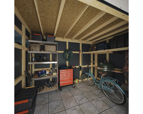 Garage met gereedschapswagen, rek, tuinslang, fiets en barbecue