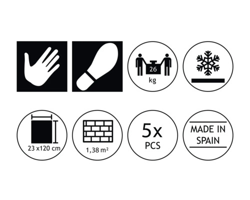 Symbolen en keurmerken: Hand, voetafdruk, gewicht, vorstbestendigheid, tegelafmetingen, oppervlakte-aanduiding, aantal stuks, land van herkomst