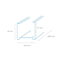 Afmetingen van een metalen profiel: 49 mm x 48,8 mm x 51 mm x 3000 mm
