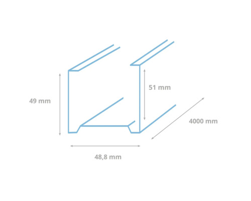 Illustratie van een metalen profiel met de afmetingen 49 mm, 51 mm, 48,8 mm en 4000 mm.