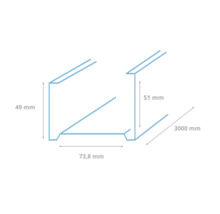 Technische tekening van een metalen profiel met de afmetingen 49 mm, 51 mm, 73,8 mm en 3000 mm.