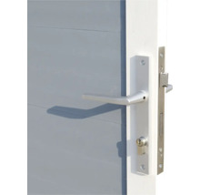 Close-up van een deur met zilverkleurige deurklink en slot