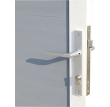 Detail van een voordeur met slot en deurklink