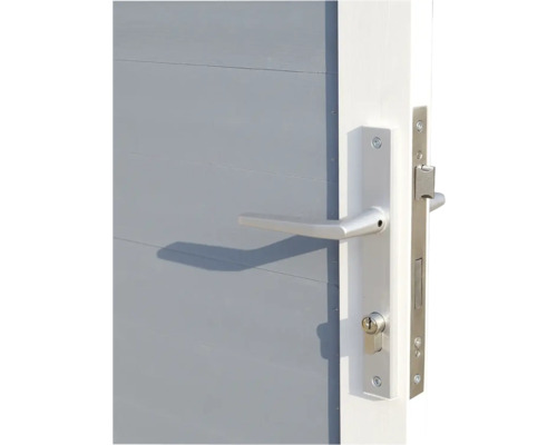 Detail van een voordeur met slot en deurklink