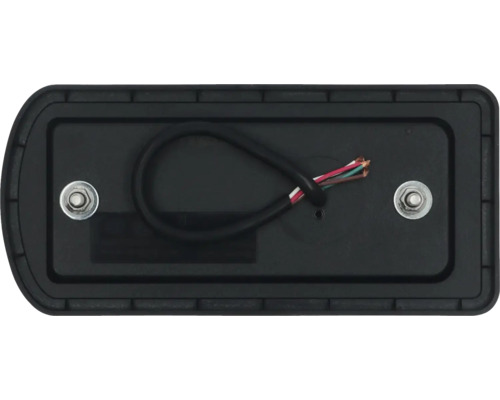 Achterkant van een zwarte lamp met kabel en bevestigingsschroeven