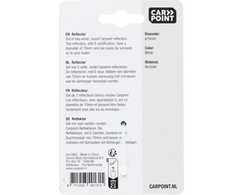 Carpoint reflectoren set, twee witte ronde reflectoren met E-keurmerk, diameter 70 millimeter, materiaal acrylaat
