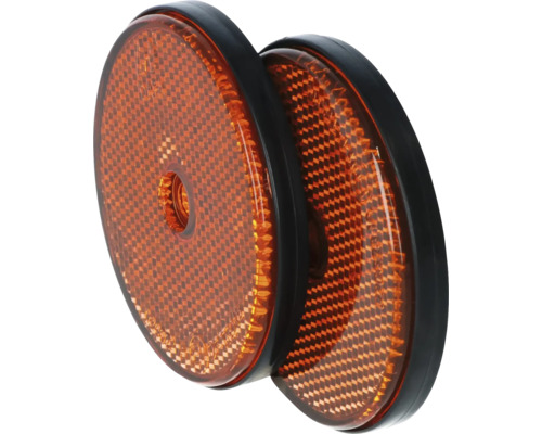 Twee ronde, oranje reflectoren met zwarte rand voor gebruik op voertuigen of aanhangers.