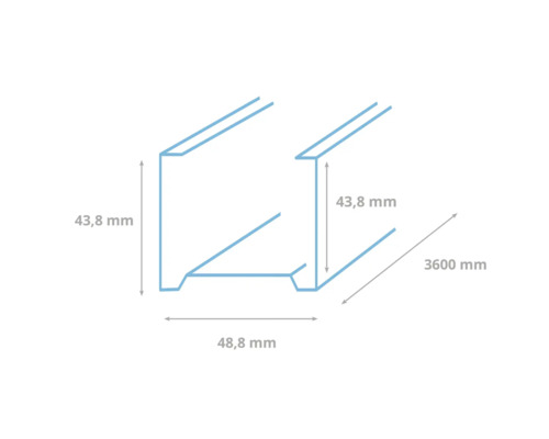 Illustratie van een metalen profiel met afmetingen 43,8 mm, 48,8 mm en 3600 mm.