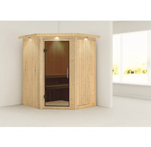 Finse sauna van hout met glazen deur en binnenverlichting