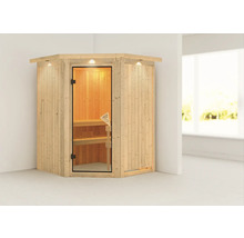 Hoeksauna met glazen deur en binnenverlichting