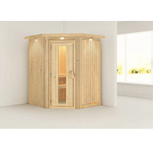 Houten hoeksauna met glazen deur en verlichting