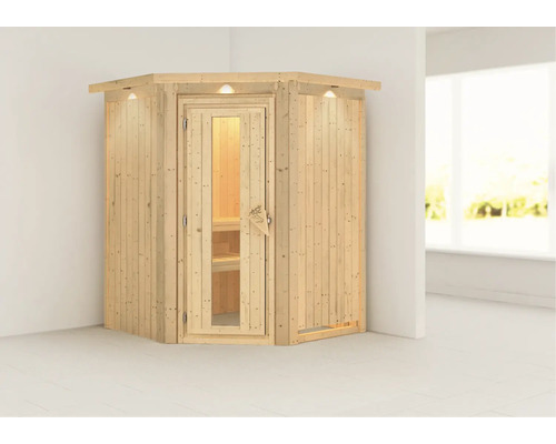 Houten hoeksauna met glazen deur en verlichting