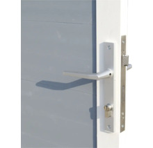 Detail van een deur met zilverkleurige deurklink en slot