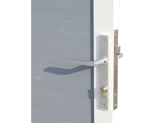 Detail van een deur met zilverkleurige deurklink en slot