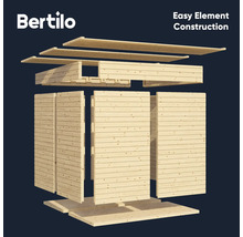 Explosietekening van een tuinhuis met eenvoudige elementconstructie van het merk Bertilo
