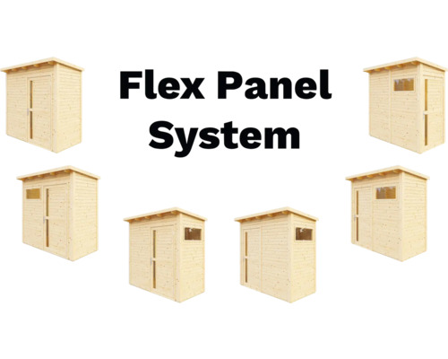 Flex Panel System tuinhuis van hout, verschillende aanzichten