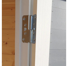 Detailopname van een metalen deurscharnier op een houten deur