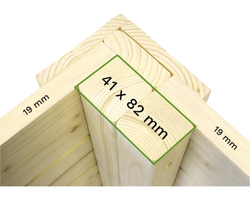 Houten constructie met afmetingen 41 x 82 millimeter en 19 millimeter